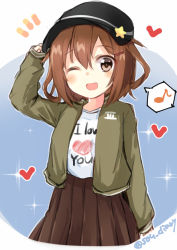 Rule 34 | 1girl, :d, alternate costume, black hat, blush, brown eyes, brown hair, brown skirt, clothes writing, commentary request, eighth note, hair between eyes, hair ornament, hairclip, hat, heart, ikazuchi (kancolle), kantai collection, long sleeves, musical note, one eye closed, open mouth, pleated skirt, short hair, skirt, smile, solo, sou (soutennkouchi), spoken musical note, twitter username