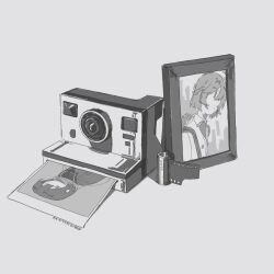Rule 34 | 2girls, chinese commentary, commentary request, dated, film strip, greyscale, highres, kaze imo, monochrome, multiple girls, ninegris, nurse robot type t, photo (object), picture frame, polaroid, signature, simple background, still life, utau