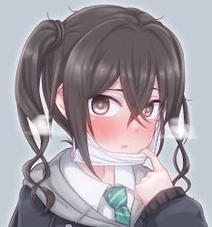 Rule 34 | 1girl, black eyes, black hair, black jacket, blush, commentary request, diagonal-striped clothes, diagonal-striped necktie, diagonal-striped neckwear, dokudoku913, green neckwear, highres, hood, hood down, hooded jacket, idolmaster, idolmaster cinderella girls, jacket, long hair, looking at viewer, mask, mask pull, mole, mole under eye, mouth mask, necktie, portrait, sharp teeth, simple background, solo, striped clothes, striped neckwear, sunazuka akira, sweatdrop, teeth, twintails