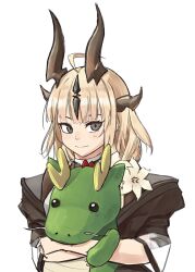 Rule 34 | 1girl, absurdres, ahoge, arknights, black jacket, black shirt, blonde hair, dragon girl, dragon horns, flower, highres, holding, holding stuffed toy, horns, jacket, long hair, looking at viewer, reed (arknights), shirt, simple background, smile, solo, stuffed animal, stuffed dragon, stuffed toy, tubuan (tubuan03), upper body, white background, white flower