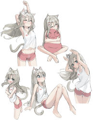 Rule 34 | 1girl, :3, absurdres, animal ear fluff, animal ears, armpits, bug, butterfly, butterfly on nose, cat, cat ears, cat girl, cat tail, crossed legs, dolphin shorts, fang, fish hair ornament, grey hair, hair ornament, highres, insect, kimyo, multiple views, hugging object, pillow, pillow hug, rabbit pose, short shorts, shorts, simple background, sitting, tagme, tail, white background