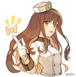 Rule 34 | 1girl, alternate costume, aoten (aoiroarekore), blush, brown eyes, brown hair, buttons, candy, commentary request, cropped torso, fate/extra, fate (series), finger gun, food, gloves, hat, jacket, kishinami hakuno (female), long hair, long sleeves, looking at viewer, open mouth, simple background, smile, solo, twitter username, uniform, wavy hair, white background, white gloves, white hat, white jacket, wrapped candy