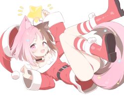 Rule 34 | 1girl, ahoge, animal ear fluff, animal ears, ass, bare shoulders, boots, brown hair, cat ears, choker, christmas, fang, flat chest, hat, heart, heart-shaped pupils, heart ahoge, highres, looking at viewer, lying, multicolored hair, on back, open mouth, original, pink eyes, pink hair, rubber boots, santa costume, santa hat, short hair, skin fang, socks, solo, star (symbol), striped clothes, striped socks, symbol-shaped pupils, two-tone hair, urotsuki (2013.04), white background