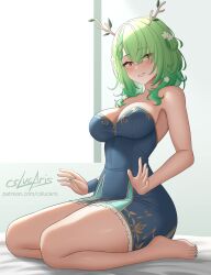 Rule 34 | 1girl, antlers, bare shoulders, barefoot, blue dress, blush, breasts, ceres fauna, ceres fauna (1st costume), cleavage, cslucaris, dress, feet, flower, gold trim, green hair, green nails, grin, hair flower, hair ornament, highres, hololive, hololive english, horns, lap pillow invitation, large breasts, looking at viewer, mole, mole under eye, nail polish, short dress, signature, sitting, smile, solo, thighs, toenail polish, toenails, virtual youtuber, wariza, white flower, yellow eyes