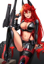 Rule 34 | 1girl, :d, absurdres, anti-materiel rifle, arm support, black gloves, breasts, bullpup, chaps, cleavage, crop top, cropped jacket, fingerless gloves, gloves, goddess of victory: nikke, gun, hair between eyes, headgear, highres, holding, holding weapon, horns, jacket, knee up, large breasts, leather, leather jacket, light blush, long hair, mechanical horns, midriff, navel, open mouth, orange eyes, red hair, red hood (nikke), red scarf, rifle, scarf, sitting, smile, sniper rifle, solo, syde b, unzipped, very long hair, weapon, zipper