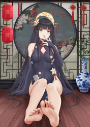 Rule 34 | 1girl, barefoot, black hair, blue eyes, chinese clothes, elbow gloves, feet, finger to mouth, flan (seeyouflan), gloves, highres, long hair, looking at viewer, parted lips, soles, toes