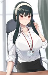 Rule 34 | 1girl, :o, absurdres, black hair, black skirt, blush, bralines, breasts, chair, character name, cleavage, collared shirt, curtains, desk, earrings, gold earrings, hairband, hand up, highres, id card, jewelry, lanyard, large breasts, long hair, looking at viewer, office chair, office lady, open mouth, red eyes, shirt, shirt tucked in, sidelocks, signature, single earring, sitting, skirt, sleeves rolled up, solo, spy x family, swivel chair, tacticsalt, uniform, white hairband, white shirt, yor briar