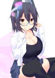 Rule 34 | 10s, 1girl, adjusting eyewear, bad id, bad pixiv id, bespectacled, blush, breasts, cleavage, glasses, haruta (806060), headgear, huge breasts, kantai collection, looking at viewer, no eyepatch, open mouth, purple hair, short hair, skirt, solo, tenryuu (kancolle), thighhighs