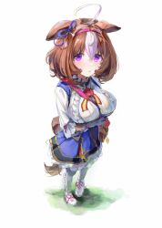 Rule 34 | 1girl, ahoge, animal ears, between breasts, bow, breasts, brown hair, ear ribbon, full body, gloves, hair between eyes, hairband, highres, horse ears, horse girl, horse tail, large breasts, long sleeves, looking at viewer, meisho doto (umamusume), multicolored hair, pink hairband, puffy sleeves, purple eyes, ribbon, short hair, simple background, skirt, solo, standing, strap between breasts, tail, two-tone hair, umamusume, white background, white gloves, white hair, yoshiaki (yosiaki ml)