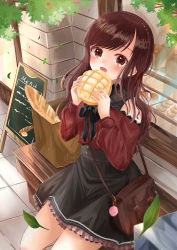 Rule 34 | 1girl, absurdres, bag, bakery, bare shoulders, bench, black bow, black skirt, blush, bow, bowtie, bread, brown bag, brown hair, cafe, commentary request, falling leaves, food, frills, highres, holding, holding food, leaf, long hair, long sleeves, looking at viewer, melon bread, menu board, original, outdoors, paper bag, red shirt, restaurant, shirt, shop, skirt, smile, solo, yumezuki ririna