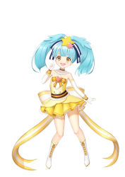 Rule 34 | 1girl, abeen jhong, absurdres, blue hair, blunt bangs, boots, choker, detached collar, dress, elbow gloves, flat chest, frilled dress, frills, full body, gloves, hair ornament, hair ribbon, highres, hoshikawa lily, idol, idol clothes, light blue hair, open mouth, ribbon, roman numeral, short dress, short eyebrows, simple background, smile, solo, star (symbol), star hair ornament, teeth, twintails, upper teeth only, v, white background, white footwear, wrist cuffs, yellow dress, yellow eyes, zombie land saga