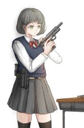Rule 34 | 1girl, 787nanahachi, ammunition pouch, belt, belt pouch, black thighhighs, blue sweater vest, bow, bowtie, buckle, closed mouth, cocking gun, collared shirt, commentary request, desk, feet out of frame, green eyes, grey hair, grey skirt, gun, hair behind ear, handgun, highres, holding, holding gun, holding weapon, holster, locked slide, long sleeves, looking at object, m1911, magazine (weapon), open collar, original, pleated skirt, pouch, red bow, red bowtie, school desk, school uniform, shirt, short hair, simple background, skirt, snap-fit buckle, solo, sweater vest, thighhighs, trigger discipline, utility belt, weapon, white background, white shirt, yellow belt