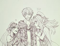 Rule 34 | 1boy, 2girls, aged down, aged up, angry, arm hug, artist request, blush, cape, couple, dual persona, fire emblem, fire emblem: mystery of the emblem, fire emblem: shadow dragon, fire emblem: shadow dragon and the blade of light, fire emblem awakening, fire emblem heroes, fire emblem warriors, happy, heart, highres, holding another&#039;s arm, husband and wife, jealous, jewelry, long hair, monochrome, multiple girls, nintendo, open mouth, pointy ears, ponytail, robin (fire emblem), robin (male) (fire emblem), short hair, smile, sweatdrop, tagme, tiki (fire emblem), time paradox