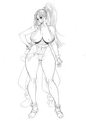 Rule 34 | 1girl, bonten, breasts, fatal fury, female focus, g-string, highres, huge breasts, japanese clothes, the king of fighters, long hair, looking at viewer, monochrome, nipples, no bra, ponytail, shiranui mai, sideboob, simple background, solo, standing, thong, traditional media