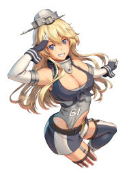 Rule 34 | 10s, 1girl, bare shoulders, blonde hair, blue eyes, breasts, cleavage, fingerless gloves, garter straps, gloves, grin, headgear, iowa (kancolle), kantai collection, large breasts, long hair, looking at viewer, md5 mismatch, miniskirt, pinakes, salute, simple background, skirt, smile, solo, star-shaped pupils, star (symbol), symbol-shaped pupils, thighhighs, white background, zettai ryouiki