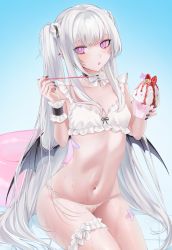 Rule 34 | 1girl, bandaid, bikini, black nails, blush, breasts, commentary, demon wings, ear piercing, food, highres, innertube, linea alba, long hair, nail polish, navel, ompf, open mouth, original, piercing, purple eyes, shaved ice, small breasts, solo, swim ring, swimsuit, symbol-only commentary, thigh strap, twintails, white bikini, white hair, wings