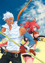 Rule 34 | 1boy, 1girl, ass, back, bare shoulders, belt, blue eyes, bow (weapon), breasts, elbow gloves, gloves, highres, long hair, loni dunamis, midriff, nanaly fletch, open mouth, pants, red eyes, red hair, short hair, short shorts, shorts, tales of (series), tales of destiny 2, twintails, weapon, white hair
