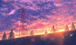 Rule 34 | 1girl, ahoge, basket, bicycle, bicycle basket, cloud, cloudy sky, commentary request, dress, dusk, floating hair, from below, full body, grass, highres, lens flare, long hair, long sleeves, looking afar, original, outdoors, petals, power lines, sakimori (hououbds), scenery, sidesaddle, sky, solo, sunlight, sunset, transmission tower, tree, twilight, walking bike, wind, wind lift