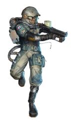 1boy absurdres backpack bag black_footwear black_gloves boots drum_magazine gloves gun helmet highres looking_to_the_side magazine_(weapon) original patch pocket pouch science_fiction soldier solo submachine_gun weapon whaleoil