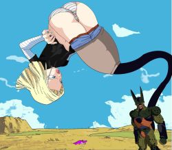 Rule 34 | 1girl, android 18, ass, blonde hair, cell (dragon ball), dragon ball, dragonball z, panties, striped clothes, striped panties, tail vore, underwear, vore
