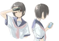 Rule 34 | 1girl, brown eyes, brown hair, cellphone, commentary request, copyright request, hand up, holding, holding phone, looking at viewer, multiple views, neckerchief, one eye closed, phone, pink neckerchief, purple sailor collar, sailor collar, school uniform, serafuku, shirt, short hair, simple background, smartphone, umiroku, white background, white shirt