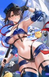 Rule 34 | 1girl, absurdres, arm up, armpits, azur lane, backwards hat, baltimore (azur lane), baltimore (finish line flagbearer) (azur lane), bare shoulders, bikini, black gloves, black hair, blue bikini, blue hat, blue sky, breasts, cloud, cloudy sky, commentary request, confetti, day, flag, gloves, hat, highleg, highleg bikini, highres, holding, holding flag, holding pole, large breasts, looking at viewer, lux (3725), manjuu (azur lane), micro shorts, navel, official alternate costume, peaked cap, pole, race queen, short hair, shorts, sky, smile, stomach, swimsuit, thighs, yellow eyes