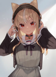 Rule 34 | 1girl, absurdres, animal ears, belt, black choker, blonde hair, brown jacket, cat ears, choker, closed mouth, dark-skinned female, dark skin, dress, grey belt, grey dress, headphones, highres, hololive, implied extra ears, jacket, light blush, long hair, long sleeves, looking at viewer, multicolored hair, nabeniuitagomi, open clothes, open jacket, red eyes, shiranui flare, shiranui flare (street), simple background, smile, solo, streaked hair, striped clothes, striped dress, upper body, vertical-striped clothes, vertical-striped dress, virtual youtuber, white hair