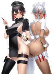 Rule 34 | 2girls, ass, ass-to-ass, black hair, black headwear, black legwear, blush, breasts, closed mouth, crossed bangs, hat, highres, holding, holding syringe, large breasts, looking at viewer, multicolored hair, multiple girls, original, red eyes, red hair, short hair, short sleeves, sideboob, silver hair, simple background, single thighhigh, skindentation, smile, syringe, thigh strap, thighhighs, thighs, white background, white headwear, white legwear, yamanokami eaka