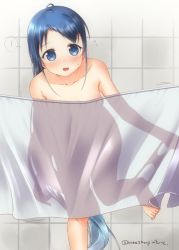 Rule 34 | 1girl, bare shoulders, blue eyes, blue hair, commentary request, curtains, feet out of frame, gradient hair, kantai collection, leaning forward, long hair, mae (maesanpicture), multicolored hair, samidare (kancolle), silhouette, solo, swept bangs, tile wall, tiles, twitter username, undressing, very long hair