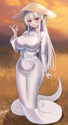 Rule 34 | 1girl, :d, absurdres, breasts, commission, dress, full body, hanasaka houcha, hand up, hat, highres, lamia, large breasts, long hair, long sleeves, looking at viewer, monster girl, monster girl encyclopedia, open mouth, outdoors, rice paddy, second-party source, shirohebi (monster girl encyclopedia), skeb commission, sky, smile, solo, standing, straw hat, sunset, vietnamese dress, white dress, white hair
