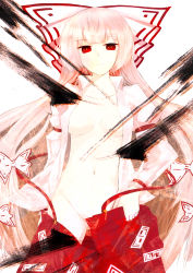 Rule 34 | 1girl, bad id, bad pixiv id, bow, breasts, cleavage, clothes pull, collarbone, female focus, frown, fujiwara no mokou, groin, hair bow, highres, houmatu awa, long hair, looking at viewer, no bra, no panties, open clothes, open shirt, pants, pants pull, pulling own clothes, red eyes, shirt, silver hair, solo, suspenders, touhou, undressing, very long hair