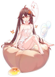 Rule 34 | ;p, absurdres, ahoge, balloon, barefoot, bean bag chair, blush, boo tao (genshin impact), brown hair, chinese commentary, commentary, flower, flower-shaped pupils, full body, genshin impact, hair between eyes, hair flower, hair ornament, highres, hu tao (genshin impact), long hair, looking at viewer, nightgown, one eye closed, red eyes, signature, simple background, single bare shoulder, sitting, slime (genshin impact), snozaki, strap slip, symbol-shaped pupils, thighs, toes, tongue, tongue out, twintails, very long hair, white background, white nightgown