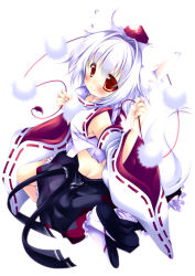 Rule 34 | 1girl, animal ears, brown eyes, detached sleeves, hat, hikanyan, inubashiri momiji, looking at viewer, pom pom (clothes), short hair, smile, solo, tail, tokin hat, touhou, white hair, wolf ears, wolf tail