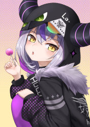 Rule 34 | 1girl, absurdres, bird hood, black jacket, blush, candy, crow (la+ darknesss), demon horns, food, from side, fur trim, grey hair, hair between eyes, highres, holding, holding candy, holding food, holding lollipop, hololive, hood, hood down, hooded jacket, horns, jacket, la+ darknesss, lo xueming, lollipop, long sleeves, looking at viewer, looking to the side, multicolored hair, pantyhose, parted lips, puffy long sleeves, puffy sleeves, purple hair, purple pantyhose, solo, streaked hair, virtual youtuber, yellow eyes