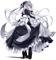 Rule 34 | 1girl, doatobira, from behind, gloves, high heels, long hair, looking back, maid, maid cap, maid headdress, original, red eyes, shoes, silver hair, smile, solo, very long hair