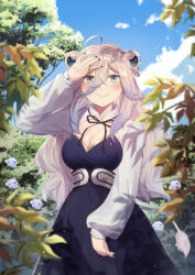 1girl absurdres ahoge alternate_costume animal_ear_fluff animal_ear_piercing animal_ears atpoppet black_nails blue_dress blue_eyes blue_sky blurry blurry_foreground blush breasts cleavage closed_mouth commentary cowboy_shot depth_of_field double-parted_bangs dress fingernails grey_hair hair_between_eyes hand_up highres hololive large_breasts lion_ears lion_girl lion_tail long_fingernails long_hair long_hair_between_eyes long_sleeves looking_at_viewer meadow messy_hair mixed-language_commentary nail_polish official_alternate_hairstyle outdoors shading_eyes shishiro_botan shrug_(clothing) sky smile solo tail underbust virtual_youtuber wavy_hair white_shrug