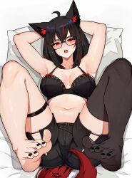 Rule 34 | 1girl, ahoge, animal ear fluff, animal ears, arms up, bare arms, barefoot, bed sheet, black bra, black hair, black shorts, blush, bra, braid, breasts, cameltoe, ear piercing, fox ears, fox tail, glasses, highres, hololive, kurokami fubuki, large breasts, looking at viewer, lying, nail polish, navel, no shoes, on back, on bed, open mouth, piercing, pillow, red eyes, short shorts, shorts, single braid, single thighhigh, smile, solo, tail, thighhighs, toenail polish, toenails, underwear, varniskarnis, virtual youtuber
