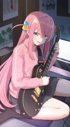 Rule 34 | 1girl, absurdres, akazaki yukino, black skirt, black socks, blue eyes, blush, bocchi the rock!, commentary, cube hair ornament, electric guitar, gibson les paul, gotoh hitori, guitar, hair ornament, highres, holding, holding instrument, indoors, instrument, jacket, kneehighs, long hair, looking at viewer, nervous smile, open mouth, pink hair, pink jacket, pleated skirt, sitting, skirt, smile, socks, solo, sweat, wariza, wavy hair