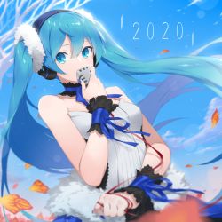 Rule 34 | 1girl, 2020, bare shoulders, blue eyes, blue hair, blue nails, blue sky, blurry, blurry background, blurry foreground, breasts, commentary, day, depth of field, english commentary, fhang, hair between eyes, hairband, hatsune miku, highres, holding, holding microphone, long hair, microphone, nail polish, shirt, sky, small breasts, solo, strapless, striped clothes, striped hairband, twintails, very long hair, vocaloid, white shirt, wrist cuffs