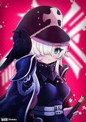 Rule 34 | 1girl, absurdres, armor, azur lane, bird, black armor, black coat, blue eyes, breastplate, breasts, coat, coat on shoulders, commission, cross, crow, gilxelothz43, hair over one eye, hat, highres, iron blood (emblem), iron cross, medium breasts, military hat, odin (azur lane), peaked cap, pink background, solo, upper body, weapon, white hair