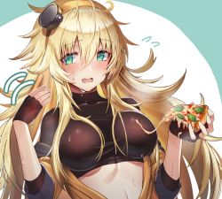 Rule 34 | 1girl, bad id, bad pixiv id, blonde hair, blush, breasts, commentary request, dakunesu, embarrassed, fang, food, girls&#039; frontline, gloves, green eyes, hair between eyes, hair ornament, hairband, holding, holding food, hot, jacket, large breasts, long hair, looking at viewer, messy hair, motion lines, off shoulder, open clothes, open jacket, open mouth, orange hairband, pizza, s.a.t.8 (girls&#039; frontline), sidelocks, solo, sweat, very long hair