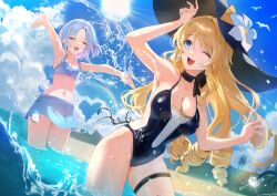 2girls ;d absurdres alternate_costume arm_up armpits beach bikini black_hat black_one-piece_swimsuit blonde_hair blue_bikini blue_eyes blue_skirt blue_sky breasts character_request cleavage closed_eyes cloud commentary commission day drill_hair emong genshin_impact hat highres long_hair medium_breasts midriff multiple_girls navel navia_(genshin_impact) one-piece_swimsuit one_eye_closed open_mouth outdoors outstretched_arms rainbow simple_bird skirt sky small_breasts smile sparkle sun sunlight swimsuit teeth thigh_strap upper_teeth_only very_long_hair wading