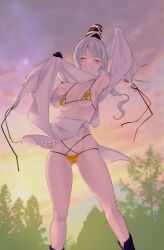 Rule 34 | 1girl, absurdres, bikini, bikini under clothes, black footwear, black hat, blush, breasts, cleavage, closed eyes, clothes pull, commentary request, facing viewer, feet out of frame, grey hair, hat, hi you (flying bear), highres, long hair, medium breasts, micro bikini, mononobe no futo, outdoors, ponytail, pulling own clothes, ribbon-trimmed sleeves, ribbon trim, smile, solo, swimsuit, tate eboshi, touhou, yellow bikini