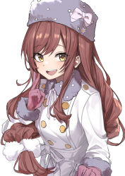 Rule 34 | 1girl, :d, coat, fur-trimmed coat, fur hat, fur trim, gloves, haruyuki (gffewuoutgblubh), hat, highres, idolmaster, idolmaster shiny colors, looking at viewer, open mouth, osaki amana, papakha, purple gloves, red hair, round teeth, russian clothes, simple background, smile, solo, teeth, v, white background