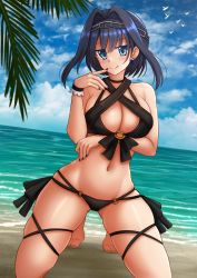 Rule 34 | 1girl, :q, bare shoulders, barefoot, beach, bikini, black bikini, blue eyes, blue hair, blue nails, blue sky, blush, bow, bow earrings, breasts, cleavage, closed mouth, cloud, cloudy sky, commentary, day, earrings, hair between eyes, hair intakes, halterneck, highres, hololive, hololive english, horizon, jewelry, kazenokaze, kneeling, large breasts, nail polish, o-ring, o-ring bikini, o-ring bottom, ouro kronii, outdoors, palm tree, sand, skindentation, sky, smile, solo, swimsuit, tongue, tongue out, tree, virtual youtuber, water