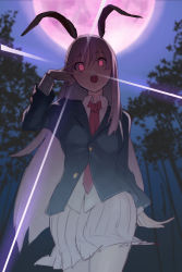 Rule 34 | 1girl, akimikan (2.5deciliter), animal ears, blazer, forest, full moon, highres, jacket, long hair, looking at viewer, moon, nature, necktie, open mouth, pink eyes, purple hair, rabbit ears, red necktie, reisen udongein inaba, skirt, solo, touhou, very long hair