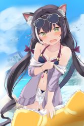Rule 34 | 1girl, animal ear fluff, animal ears, bare shoulders, beach, bikini, bikini under clothes, black thighhighs, blush, bow, bracelet, breasts, cat ears, cleavage, cloud, collarbone, day, embarrassed, eyewear on head, fang, green eyes, hair between eyes, hair bow, jacket, jacket over swimsuit, jewelry, karyl (princess connect!), karyl (summer) (princess connect!), long hair, long sleeves, looking at viewer, low twintails, multicolored hair, navel, off shoulder, open mouth, outdoors, princess connect!, purple jacket, short shorts, shorts, skindentation, small breasts, solo, standing, streaked hair, sunglasses, swimsuit, swimsuit under clothes, tears, thighhighs, twintails, two-tone hair, water, wavy mouth, white shorts, yuki (yukin0128)