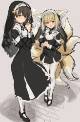 Rule 34 | 2girls, absurdres, alternate costume, animal ears, arknights, black dress, black footwear, blue hairband, blush, braid, brown hair, closed mouth, covered navel, detached sleeves, dress, fox ears, fox girl, fox tail, full body, green eyes, habit, hairband, heart, highres, interlocked fingers, light brown hair, long sleeves, looking at viewer, magallan (arknights), multiple girls, multiple tails, nun, open mouth, own hands clasped, own hands together, shoes, sigm@, simple background, smile, standing, suzuran (arknights), tail, thighhighs, white legwear, yellow eyes
