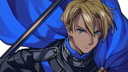 Rule 34 | 1boy, asada hachi, banned artist, blonde hair, blue cape, blue eyes, cape, closed mouth, commentary, dimitri alexandre blaiddyd, fire emblem, fire emblem: three houses, floating cape, garreg mach monastery uniform, hair between eyes, highres, looking at viewer, male focus, nintendo, polearm, portrait, serious, short hair, simple background, solo, spear, twitter username, watermark, weapon, white background