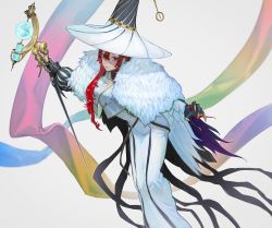 1girl dress fate/grand_order fate_(series) feather_boa hat highres long_dress long_hair miss_crane_(fate) purple_eyes red_hair smile solo staff waterstaring white_dress